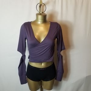 KADYLUXE EGGPLANT WRAP YOGA TOP WITH SPLIT SLEEVES
